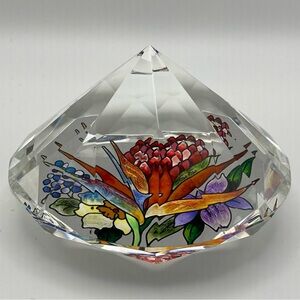 Hand Painted Diamond Cut Paperweight 4” x 2.5” Floral Prism Crystal Vintage